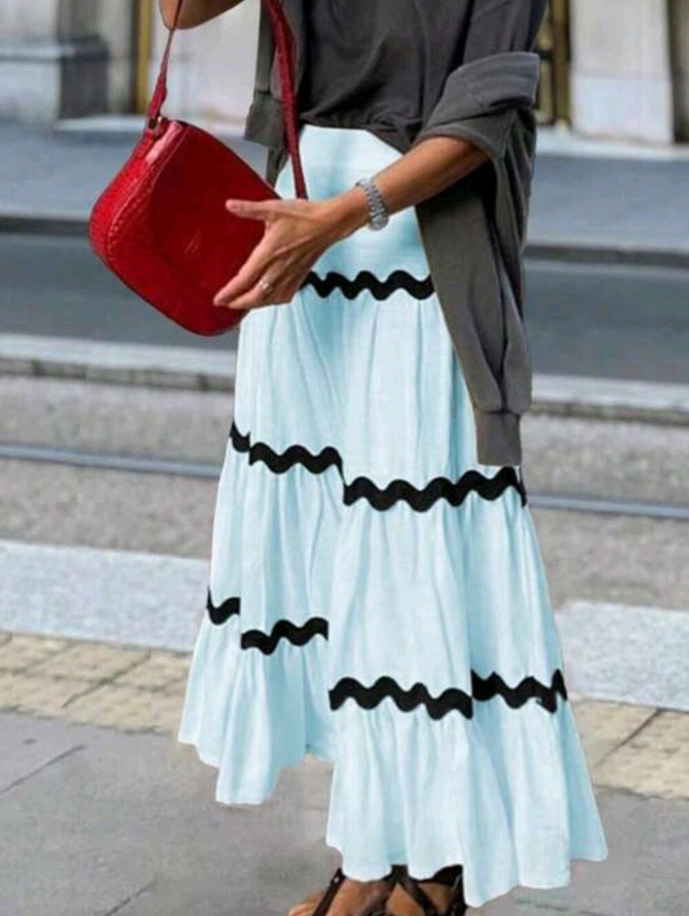 New SHEIN Light Blue Maxi Skirt with Black Wave Trim